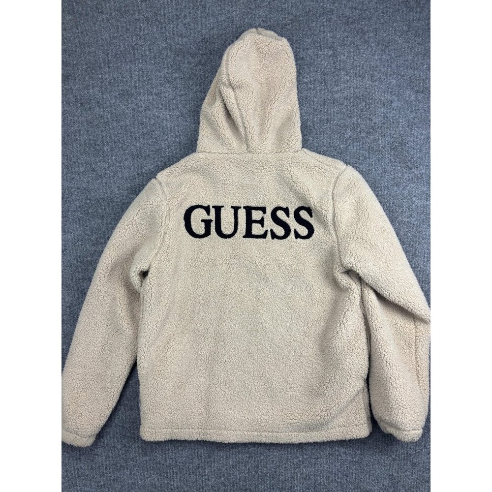 Guess Hoodie Womens‎ Small Beige Sherpa Fleece Pullover Sweatshirt Logo Back